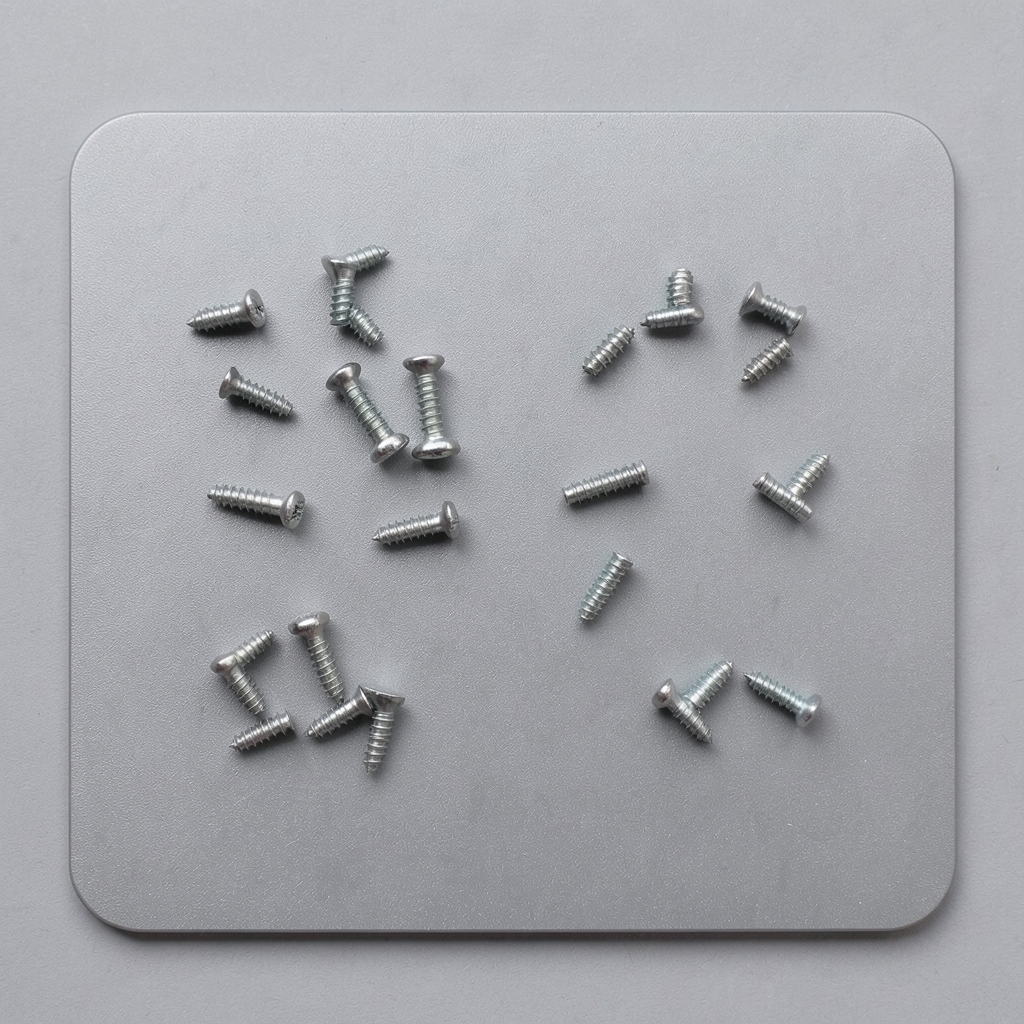 Assorted small screws with different head types on a grey mat